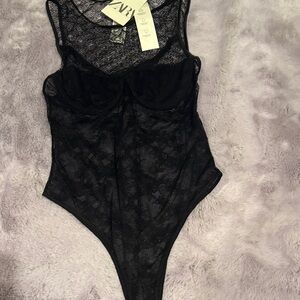 Zara Black Sheer Lace Bodysuit